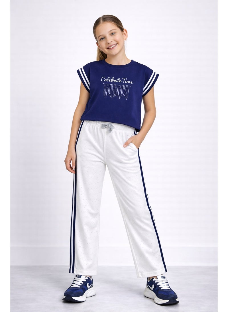 victor and jane Girls 2 Pc Set Celebrate Time Top & Pants Set – Navy & White - Image 1